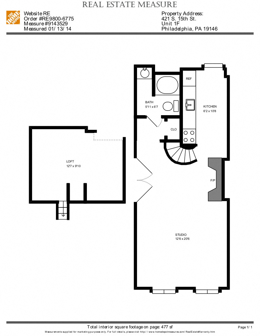 Floor plan for 1 bed, 1 bath, 1 sqft